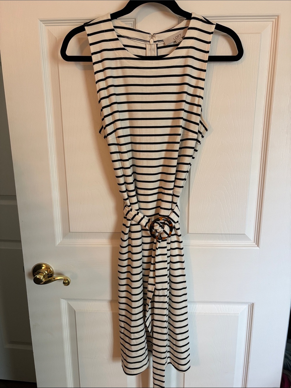 LOFT Cream and Black Striped Sleeveless Belted Knit Dress